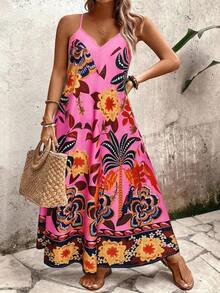 SHEIN Holidaya Women's Hot Pink Boho Long Cami Dress With Random Print Sleeveless Spaghetti Strap Design Flared Hem Casual Summer Resort Wear - Hot Pink - View 3
