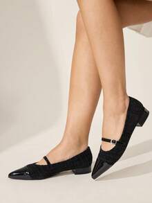 CUCCOO CHICEST Bombas de tacón grueso con diseño de hebilla, elegantes y de moda, con punta puntiaguda para mujer - Negro - Ver 1