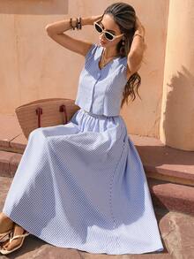 Flora Isola Flora Isola 女士春夏限量版清新活力蓝白竖条纹两件套，褶皱无袖露脐背心上衣搭配A字裙，简约优雅度假风，适合日常通勤、休闲约会、海岛度假、温泉之旅、下午茶、朋友聚会、婚礼宾客等场合。 - 藍白色 - 查看 1