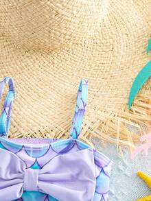 SHEIN 女婴可爱夏季美人鱼印花休闲针织蝴蝶结拼接撞色比基尼套装，含泳帽 - 紫色 - 查看 4