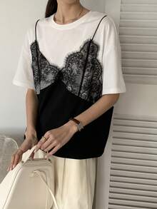 DAZY Women Lace Camisole & Short Sleeve T-Shirt, Casual Look Summer - White - View 7