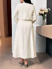 Modelyn 女士3D立体花卉装饰长袖外套和无袖连衣裙优雅两件套 - 黃色 - 查看 7