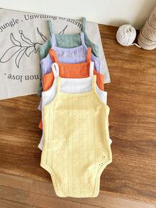SHEIN LMoss Kids 5件套新生女宝宝可爱纯色针织连体衣套装，夏季 - 彩色 - 查看 2