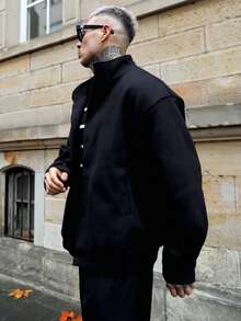 Artur Kramer Men's High-Quality Wool Blend Stand Collar Jacket, Fashionable Casual Coat, Autumn/Winter - Black - View 4