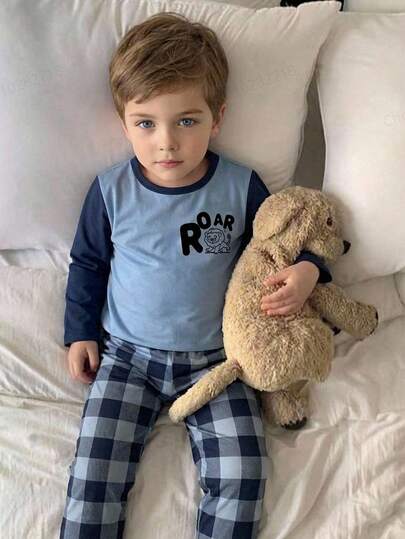 1set Young BoySpring/Autumn Cartoon Lion Print Long Sleeve Top And Pants Pajama Set