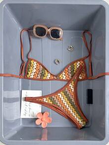 Swim Mod 春夏针织提花无钢圈吊带背心和泳裤套装 女士沙滩度假旅行比基尼套装 波西米亚风泳装 钩针比基尼 - 彩色 - 查看 1