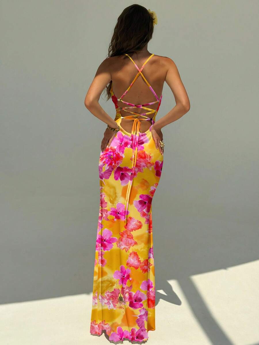 Aloruh 女士优雅橙红色花卉度假风全印花露背吊带连衣裙，适合海滩、度假村、郊游、旅行，时尚别致 - 白色 - 查看 1