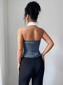 Elenzga Áo sơ mi nữ cổ yếm kẻ sọc đen phối màu tương phản, kiểu dáng thanh lịch, thích hợp cho mùa xuân/hè, đi nghỉ mát, công sở, đi chơi hàng ngày, hẹn hò, dự tiệc, thiết kế thời trang. - Xanh đậm - Xem 2