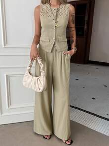 DAZY Women's Casual Lace Patchwork Faux Pocket Vest And Wide Leg Pants 2 Pieces Set, Spring/Summer - Apricot - View 3