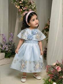2pcs/Set Toddler Girls' Elegant Floral Applique Round Neck Cape Dress - Blue - View 1