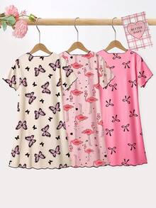 3件装少女睡衣套装，火烈鸟蝴蝶结印花针织撞色荷叶边简约时尚短袖睡裙 - 彩色 - 查看 2