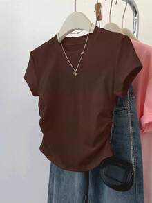 INAWLY 3件套加大码女式休闲/运动户外上衣，咖啡色、黑色、白色，夏季新款，褶皱腰身修身T恤 - 彩色 - 查看 5