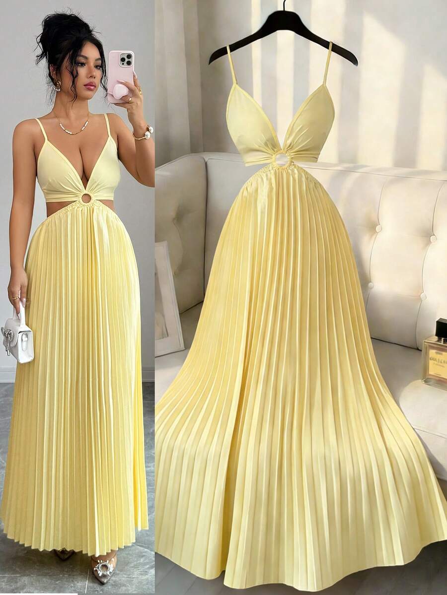 SHEIN Elenzya Spring/Summer New Sexy Elegant Casual Chic High-End Design Spaghetti Strap Bow Backless Fitted Pleated Dress For Women - Light Yellow - View 1