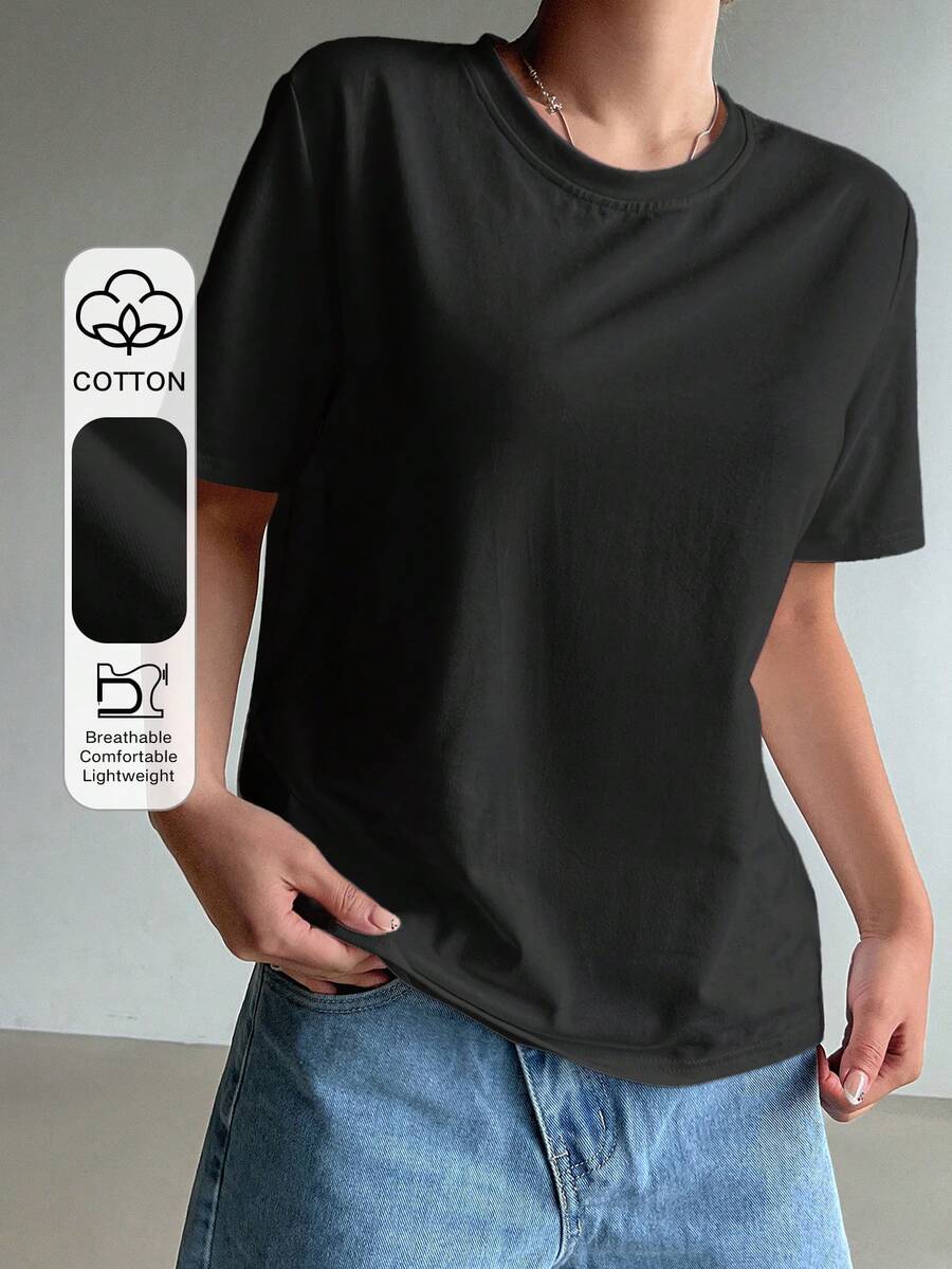 DAZY Women's Basic Solid Color Short Sleeve T-Shirt, Spring/Summer - Black - View 1