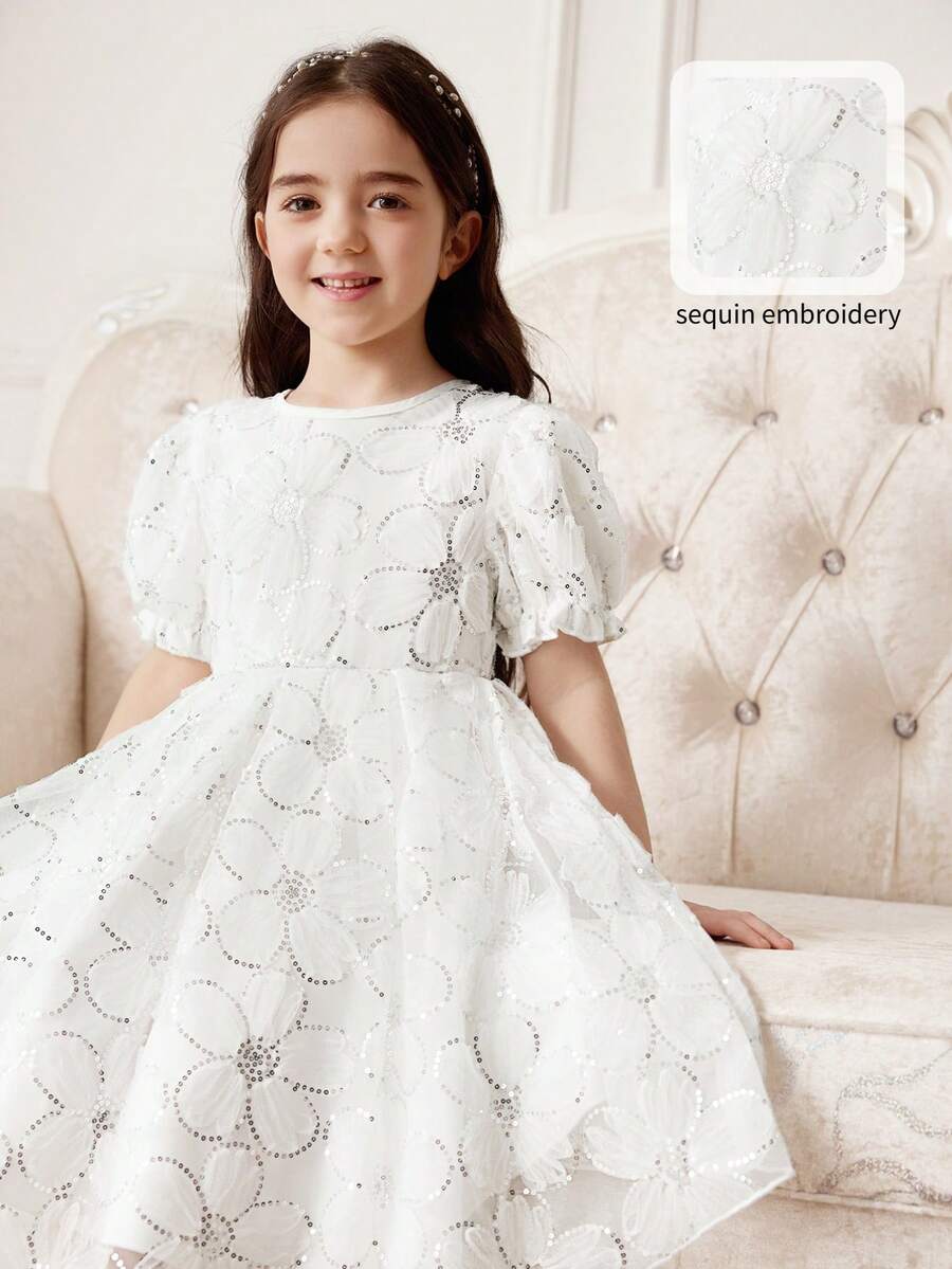 Vestido de fiesta de alta gama para niñas de moda nueva de verano, cuello redondo de malla con lentejuelas, manga abullonada, cremallera en la espalda, falda acampanada, vestido de princesa adecuado para actuaciones, banquetes, niña de las flores en bodas - Blanco - Ver 1