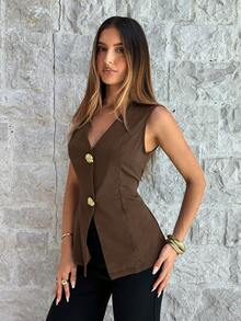 Aloruh Áo blazer nữ công sở màu nâu cài cúc kim loại, kiểu dáng thanh lịch. - màu nâu - Xem 4