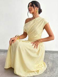 Firerie Women's Elegant Asymmetric Shoulder A-Line Music Festival Dress - Light Yellow - View 6