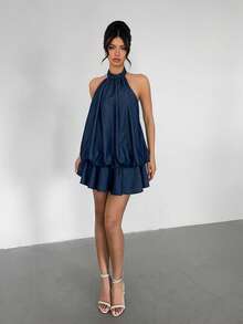 Aloruh 女士时尚荷叶边下摆露背牛仔连体短裤 - 藍色 - 查看 7