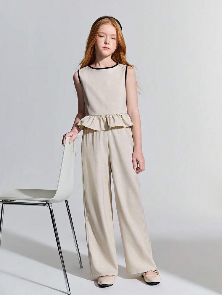 Tween Girl Khaki & Black Color Block Bow Decor Sleeveless Top And Pants Casual Set
