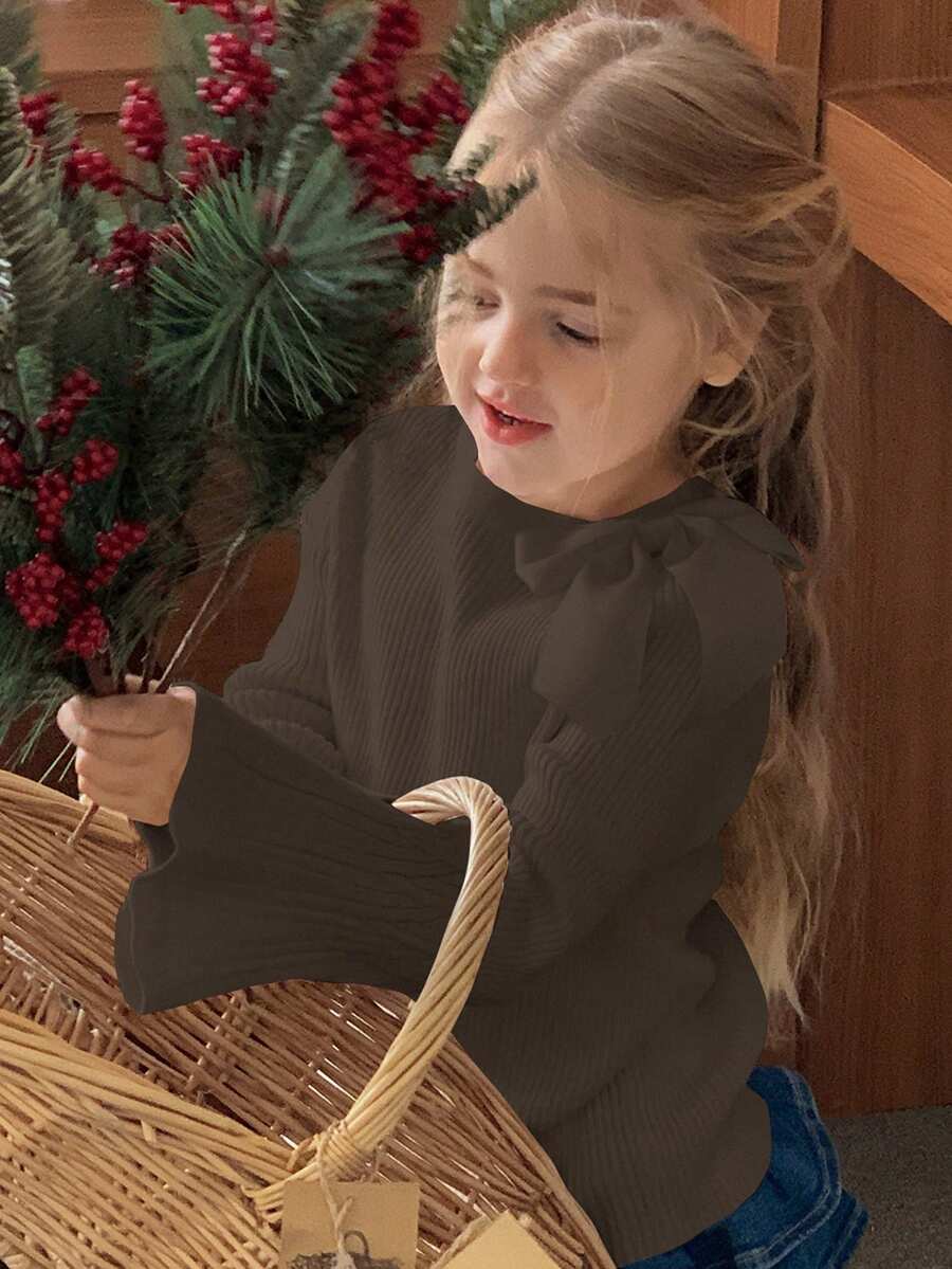DAZY Young Girls Round Neck Bow Tie Knit Sweater, Korean Style Fresh And Cute - Coffee Brown - View 1