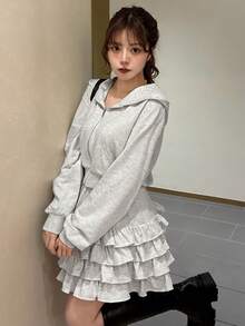 FRIFUL Women Metal Zipper Hoodie And Layered Ruffle Hem Mini Skirt 2 Pieces Set - Grey - View 7