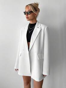 Ritzy Row 女士休闲宽松垫肩中长款双排扣西装外套 - 白色 - 查看 5