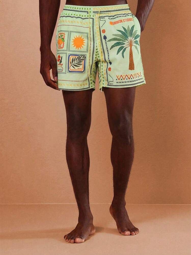 SUMWON Pantaloncini da spiaggia estivi con stampa tropicale e motivo a palme, vestibilità regular, con chiusura a scorrimento, adatti per vacanze e resort