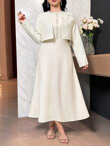 Modelyn 女士3D立体花卉装饰长袖外套和无袖连衣裙优雅两件套 - 黃色 - 查看 5