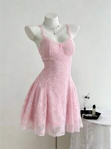 Elamini Elegante vestito da donna a-line aderente con fiocco romantico in pizzo, adatto per casual, appuntamenti, feste, vacanze, versatile per primavera, estate, autunno, inverno - Rosa - Visualizzare 1