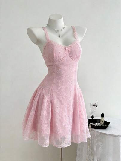 Sweetra Elegant Romantic Bowknot Slim Fit A-Line Lace Camisole Dress, Suitable For Casual, Date, Party, Vacation, Versatile For Spring, Summer, Autumn, Winter