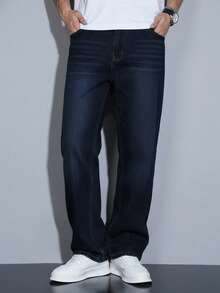Manfinity Homme Quần jeans nam ống đứng dáng rộng thoải mái có túi - Rửa tối - Xem 3