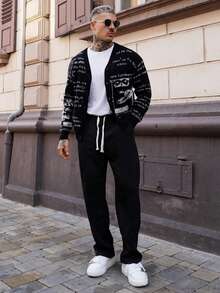 Artur Kramer Unisex Retro Abstract Letter Pattern Knitted Long Sleeve Cardigan, Casual European & Asian Style, Suitable For Spring, Autumn, Winter - Black - View 5