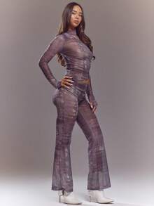 MUSERA Mesh Print Fitted Long Sleeve Top And Flared Leggings Set Spring Summer Cute Sexy Streetwear Night Out Ballet Sleeze - Multicolor - View 2