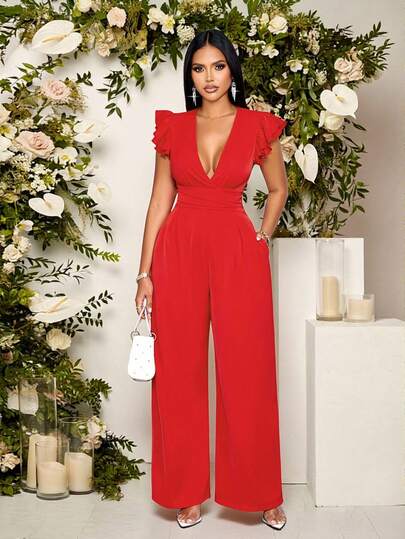 SOLERSUN Women's Elegant Deep V-Neck Ruched Backless Cinched Waist Double-Layered Ruffle Sleeves Wide Leg Pocket Jumpsuits,3D Floral Embellishments At The Waist,Suitable For Party Valentine's Day Dating