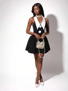 3D Floral Pointed Collar Low-Cut Waist Flared Mini Dress Black White Dress 2000s Dress Button Dress - Black and White - View 5