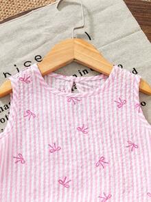 Young Girls T-Shirt Set, Sleeveless Top + Ruffle Hem Babydoll Style, Paired With Matching Shorts, Overall Fresh Casual Set; Soft Pink Tone + Bow Accent, Typical Sweet Style Suitable For Spring-Summer - Pink - View 7