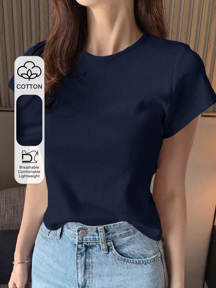 DAZY Camiseta de manga corta de mujer de cuello redondo de unicolor básica blanca, para primavera/verano, estilo casual empresarial - Azul Marino - Ver 1