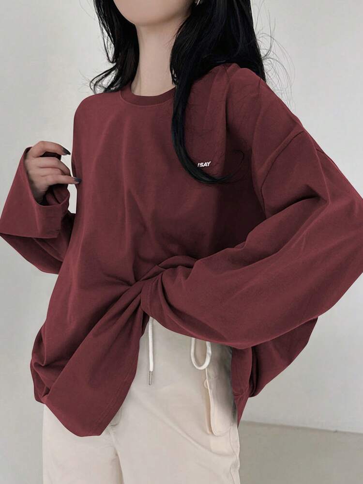 Women Christmas Red Letter Print Loose Fit Round Neck T-Shirt, Versatile, Chinese New Year, Spring/Autumn