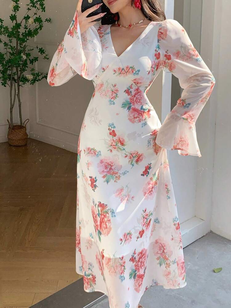 Women's Elegant Floral V-Neck Flare Sleeve Mid-Length Dress, Spring/Summer Dress Sundress Boho