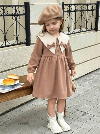 Elladie kids 1pc Girls Autumn Dress, Peter Pan Collar, Bow Decor, Half-Open Front, Long Sleeve, Loose Fit, Fashionable, Suitable For Party, 1st Birthday
