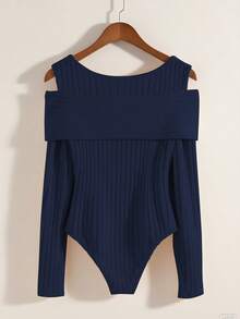 GlowEve Body elegante de unicolor con hombros descubiertos para mujer, adecuado para primavera y otoño - Azul Marino - Ver 2