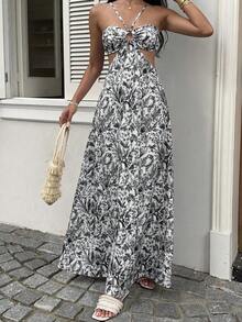 Sunnyshic Đầm nữ kiểu dáng thường ngày, in họa tiết cây cỏ, hở lưng, cổ yếm. - Đen và trắng - Xem 4