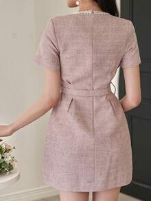 DAZY 女士优雅撞色拼接仿口袋系带夏季迷你连衣裙婚礼宾客礼服 - 粉色 - 查看 2