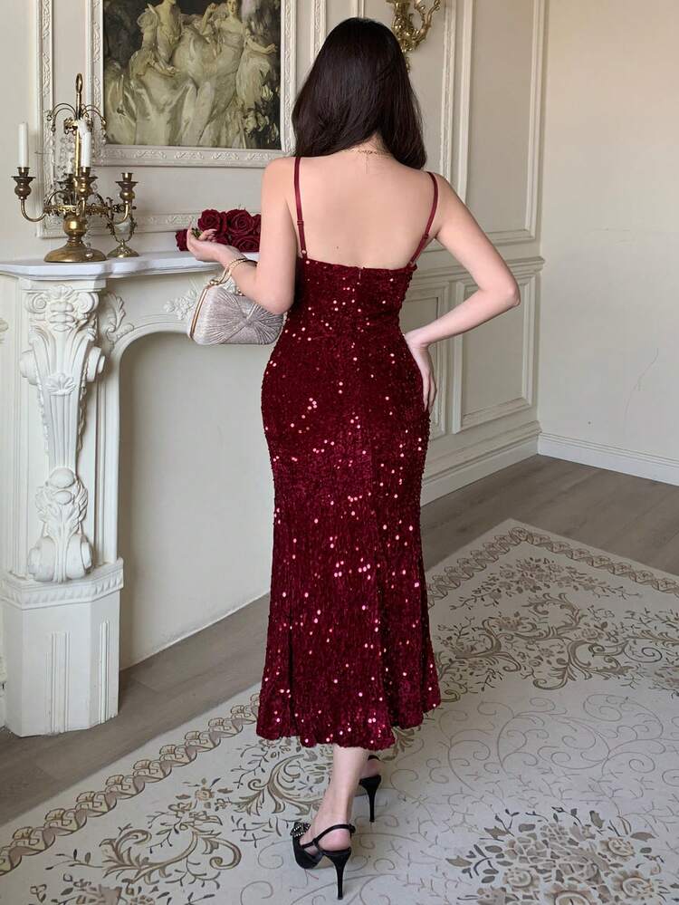 Women's Elegant Sequin Slit Cami Midi Dress, Summer Wedding Guest Dress Sparkly Dress Sundress