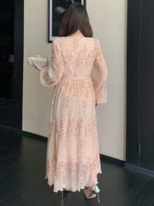 DAZY 女士优雅亮片V领系带中长连衣裙，春夏婚礼宾客礼服闪亮长裙 - 粉色 - 查看 2