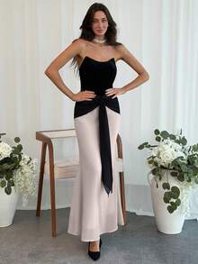 Aloruh Women's Black & Pink Lace-Up Bandeau Fishtail Dress - Black - View 5