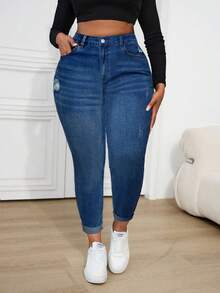 SHEIN ICON Jeans skinny délavé bleu grande taille - Jean clair - Voir 4