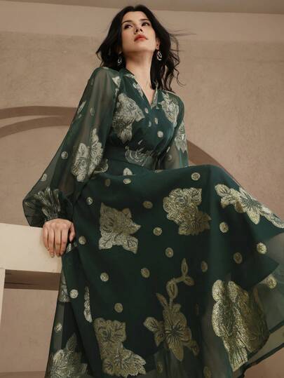 DAZY 女士优雅撞色印花立领泡泡袖中长连衣裙，春夏婚礼宾客礼服