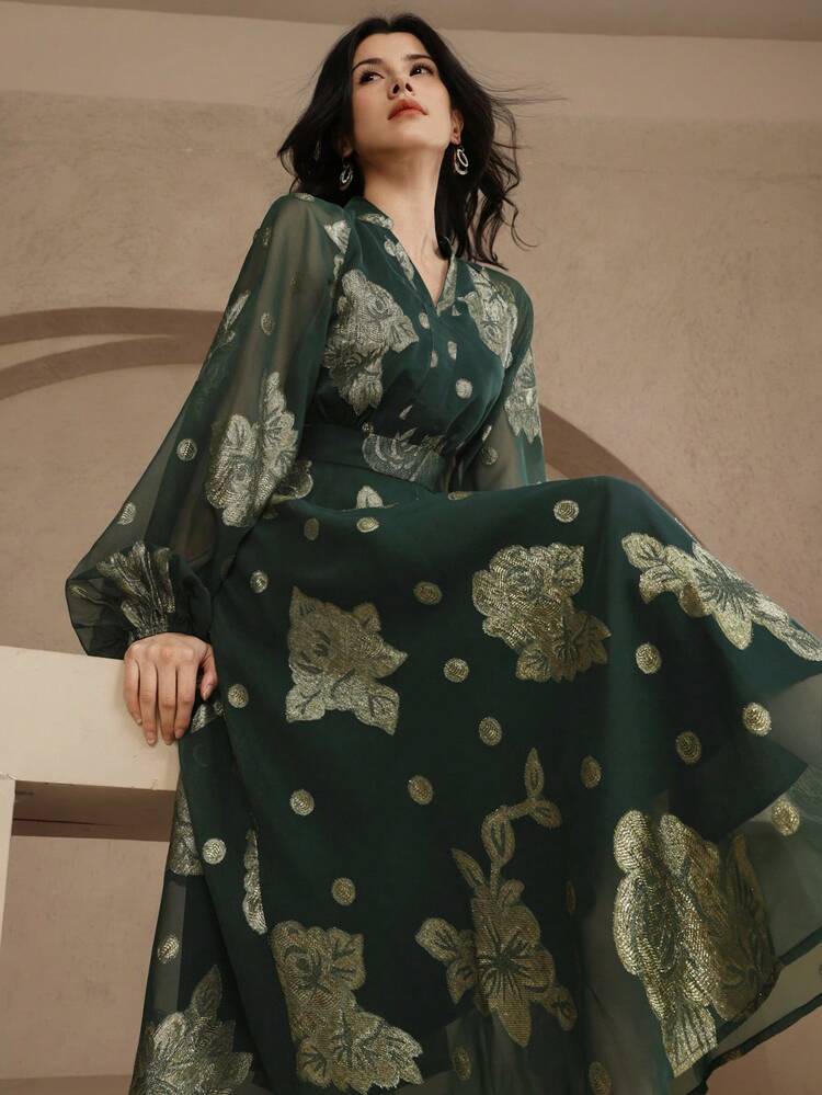 Women's Elegant Colorblock Floral Print Stand Collar Puff Sleeve Mid-Length Dress, Spring/Summer Wedding Guest Dress Sundress