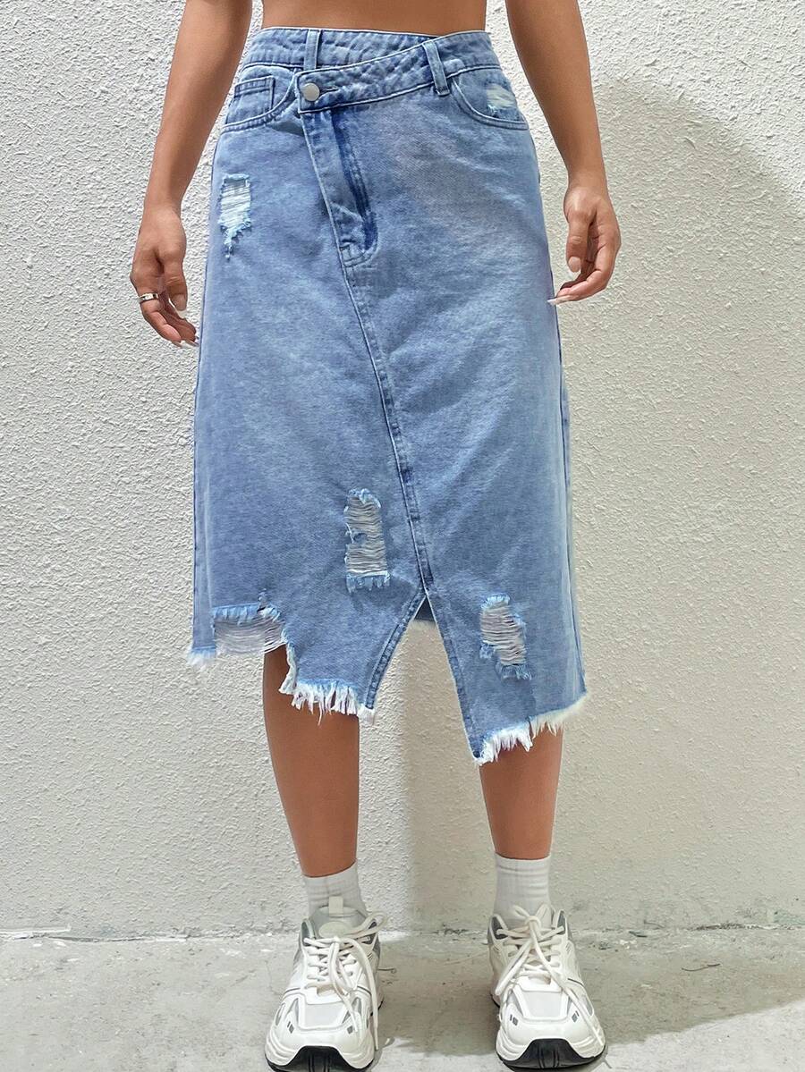 Easelle Women's Casual Fashion Street Chic Daily Commute Overlap Waist Distressed Frayed Hem Asymmetrical Hem Denim Skirt - Medium Wash - View 1